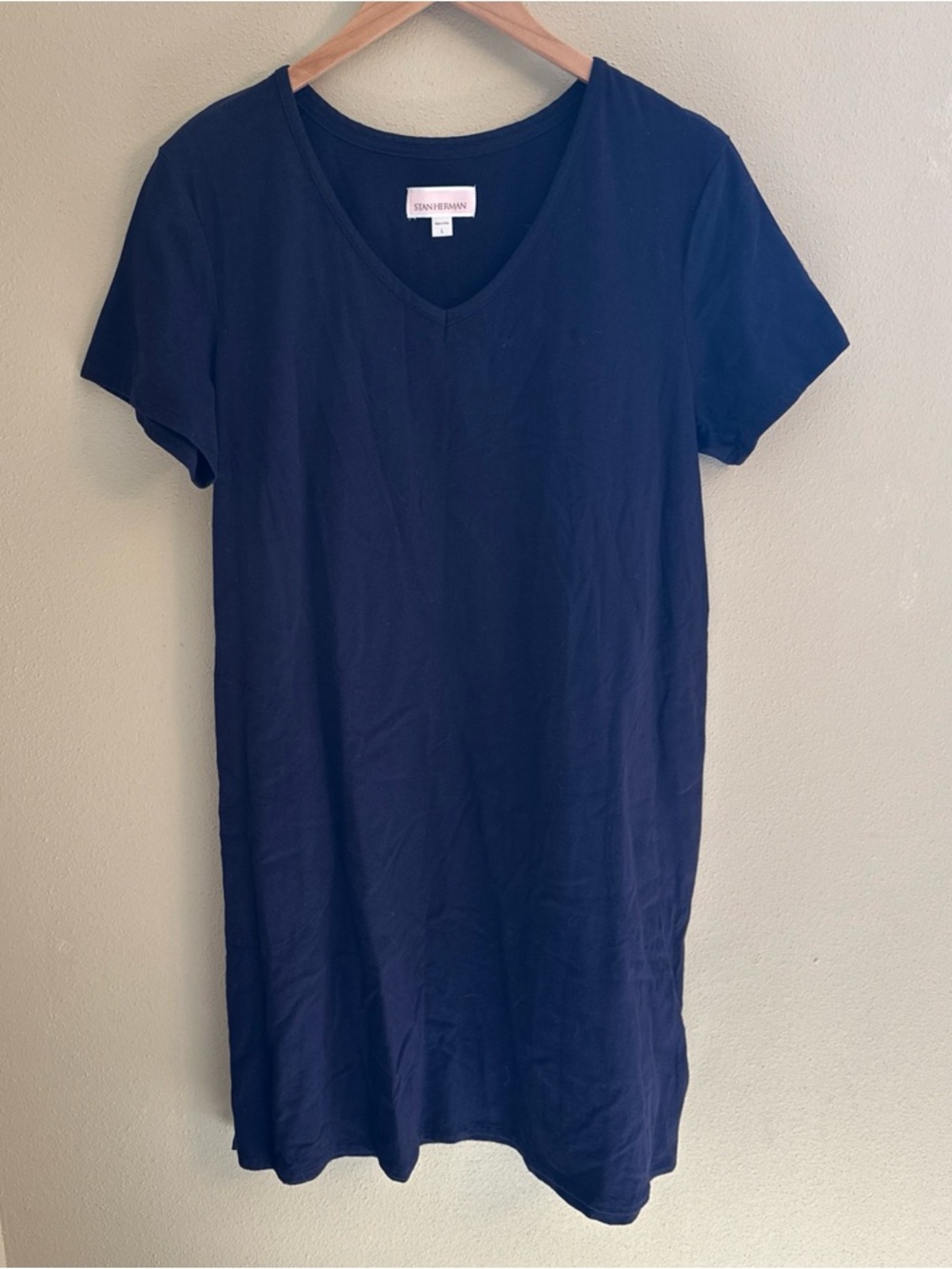 Stan Herman Dress Size Large Lounge Comfy Navy Blue Pockets Cotton Summer